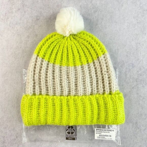 Apparis Oshin Beanie Kiwi Green Stripe Cream Pompom Recycled Chunky Knit NEW! - Picture 1 of 8